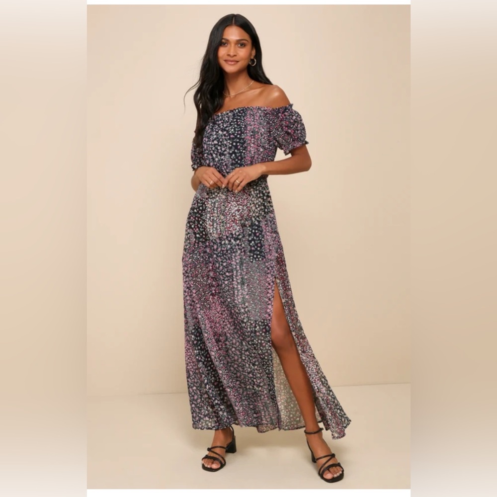 NWT Lulu’s Navy Blue Floral Off-Shoulder Maxi Dress